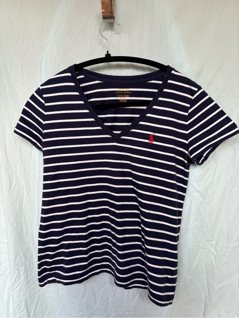 Ralph Lauren Navy & White Striped V-Neck Tee with Red Polo Pony